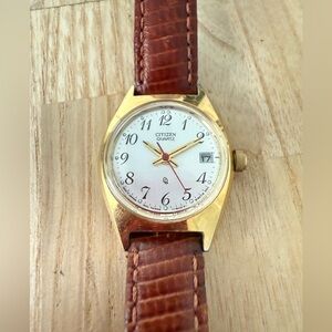 Citizen ladies gold tone brown leather watch NEW BATTERY